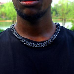 Chains Hip Hop Men Blue Rhinestones Paved Cuban Necklace Iced Out Gun Black Color Miami Link Chain Necklaces Men's Jewelry Gift