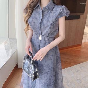 Abiti casual Dolce monopetto con lacci in vita Wrap Puff manica corta Ink Dress Summer Vintage Print Loose Tie-dye Vestidos Mujer