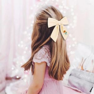 Hair Accessories Girls Embroidery Bows Children Big Bowknot Hairclip Cotton Linen Barrette Spring Summer Cute