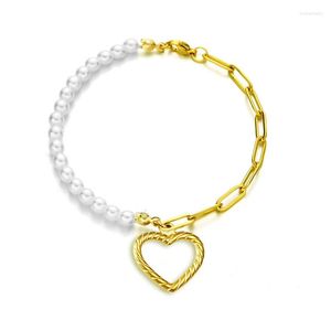 Braccialetti a maglie Bracciale in acciaio inossidabile con perle a catena quadrata con pendente a cuore cavo Pezzo Chaine Homme Femme