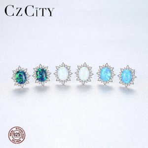 Stud Czcity 925 Sterling Gümüş Oval Saplama Küpeler Kadınlar için Zarif Parlak CZ Çiçek Opal Üç Renk Joyas De Plata Takı Hediyeleri