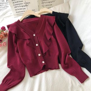 Kvinnors stickor Autumn Korean Elegant Ruffles Vintage Sweaters Office Lady V Neck Long Sleeve Single Breasted Cardigans 2023 Chic Sueter Mujer