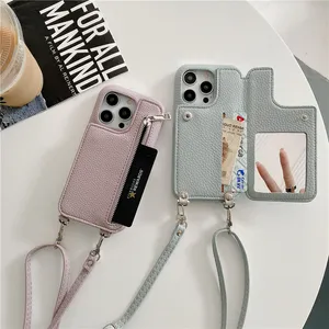 Luxury Necklace Lychee Print Folio Zipper Vogue Phone Case för iPhone 14 13 Mini 12 11 Pro Max XR XS 7 8 Plus Inbyggd spegel Multipla kortplatser Läderplånbokskedjan