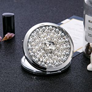 Compact Mirrors Mini Pocket Cosmetic Makeup Mirror Wholesale Party Favors Christmas Gift Pearl Crystal Foldable Magnifying 230520
