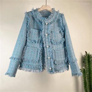 Jackets femininos Tweed feminino com feminina feminina mola de casaco fino e outono de colarinho redondo de manga longa azul rosa