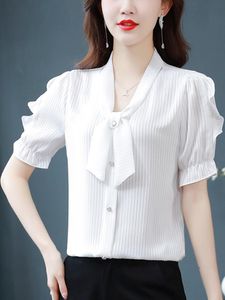 女性用ブラウスシャツstriped for women Silk2023 Summer Short-Sleeve Blouse bow v-neckルーズレディーストップスファッション衣料