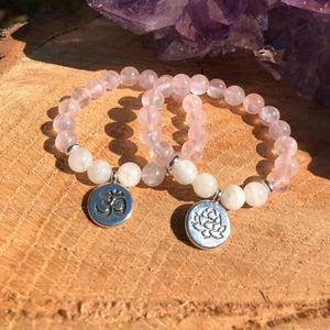 Bangle Atacado Rose Quart z Moonstone Om Lotus Charme Pulseira Ansiedade Amor Equilíbrio Yoga Pulseira de Alta Qualidade Chakra Cura Jóias