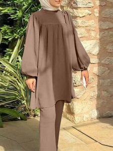 エスニック服ザンゼア2PCSイスラム教徒の女性の長袖シャツパンツセットエイドアルフィトルムバレクファッションイスラム服セットドバイトゥルキエマッチセット230520