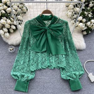 Kvinnor BLOUSES SPRING Fashion Design Sense Casual Bubble Sleeve Lace Niche Bow Light Mature Sexy Tops