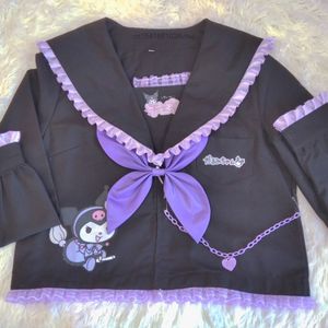 Zweiteiliges Kleid Original Kuromi handgemachte JK Uniform Y2k Student weicher Mädchenanzug Kawaii Lilota Stil Revers schwarz vielseitiges Top mit Schleife für Mädchen 230520