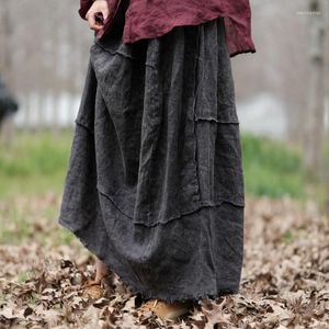 Skirts Johnature Distress Flash Elasticated Waistband Flax Skirt 2023 Spring And Summer Woman Solid Color Vintage