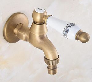 Bathroom Sink Faucets Vintage Retro Antique Brass Ceramic Handle Wall Mounted Washing Machine Faucet Out Door Tap Dav320