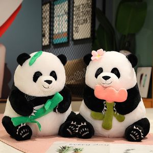 Kreativ plysch Panda Toy Kawaii Panda med bubbla tekopp/bambu/blomma fyllda djurdockleksaker för barn baby kawaii gåvor