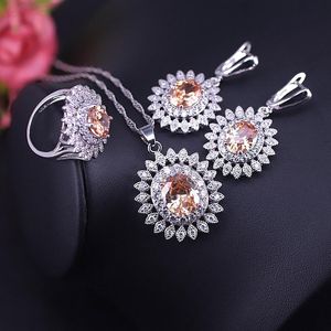 Necklace Flower Silver 925 Jewelry Earrings Ring Necklace Set Champagne Zircon Jewelry Big Discount Dropshipping