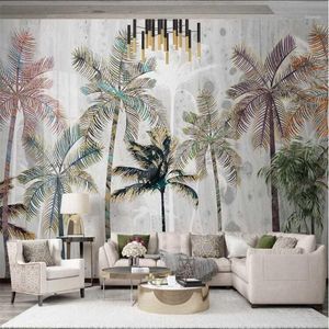 Bakgrundsbilder Mural Papel de Parede Custom Wallpaper Light Nordic Tropical Plant Hand-Painted Coconut Tree Landscape TV Bakgrund1