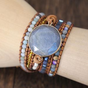 Bangle 2019 Labradorite Stone Leather Armband Mix Stones Beads Women Fashion 5 Lager Wrap Armband Boho Armband Smycken Dropshipping