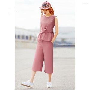 Work Dresses Plus Size 4XL Sets 2023 Summer Women Tracksuit 2 Pieces Sleeveless Tops And Pants Pink Color Sashes Bow Pullovers KG53