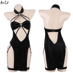 Theme Costume AniLV Halloween Hollow Strap Spider Dress Unifrom Women's Backless Qipao Set Costume Role Play 230520