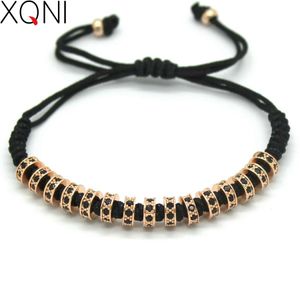 Bracelets XQNI New Fashion Brand Macrame Bracelets Rose Micro Pave Black CZ Stoppers Beads Strand Macrame Bracelet For Men Jewelry