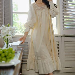 Women's Sleepwear Pure Cotton Vintage Nightgown Women Spring Autumn Long Sleeve Sexy Lace Square Neck Nighty Victorian Night Dress Loose