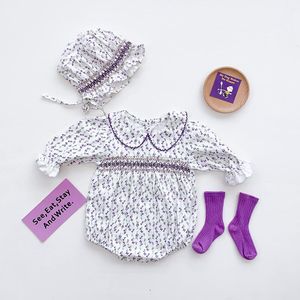 Pagliaccetti Autunno Viola Floreale Bambino Pagliaccetto di un pezzo Set Tesoro Triangolo a maniche lunghe Vestiti della ragazza del bambino Ropa BebeRompers