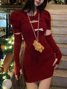 Casual Dresses Christmas Solid Sticked Dress Women Cut Slim Party Sweater Female Korean Fashion Sweet Chic Kawaii Mini Winter 2023