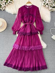 Casual Dresses Spring Autumn Women Lace Long Dress Vintage Round Neck Lantern Sleeve High Waist Cascading Ruffle Pleated Party Maxi Vestidos