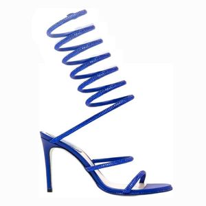 Rene Caovilla Cleo Open Toe Sandaler Crystal Embellished Spiral Wrap Around Sandal Twining Rhinestone Sandal Women Rainbow Stiletto Heels Shoes 35--42 Abbb Oxxoxo