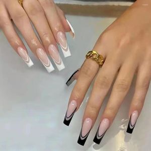 False Nails 24pcs Long Coffin Press On Nail Black White Color Oval Pattern Tips French Style Salon Artificial Acrylic