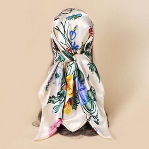 スカーフフラワースカーフ女性ファッションシルクサテンショールヒジャーブスクエアカチーフバンダナ90 90cm