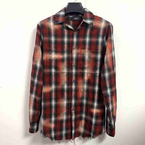 Designer Fashion Clothing Amires Shirts Amies 16ss Red Smoked Hem Fringed Plaid Shirt Casual Shirt Luxury Streetwear Tops for sale