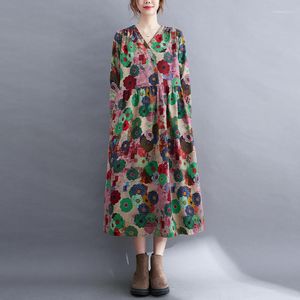 Casual Dresses Women Vintage Cotton V-Neck Loose Long Sleeve Print Floral 2023 Autumn Chinese Style Sweet Dress