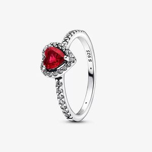 Elevated Red Heart Ring for Pandora Authentic Sterling Silver Stacking Rings designer Jewelry For Women Crystal diamond Love Hearts Wedding ring with Original Box