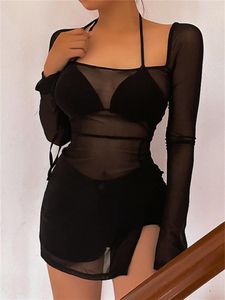 Casual Dresses Wsevypo See-Through Mesh Sheer Cover Ups Mini Dress Women Sexy Lacing Long Sleeve Square Neck Slit Short Beach Clubwear