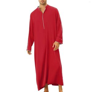 Ethnic Clothing S-XXL Muslim Fashion Men Loose Solid Color Sliver Border Long Sleeves V Neck Robes Jubba Thobes