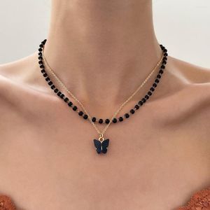 Catene Collana con ciondolo a farfalla con perle nere a doppio strato francese per le donne Moda gotica con catena a clavicola Gioielli per feste Regali di compleanno