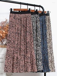 Skirts TIGENA Vintage Leopard Print Chiffon Midi Skirt Women Fashion A Line Elastic High Waist Pleated Long Female With Lined