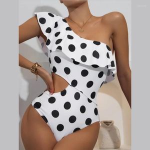 Kvinnors badkläder Kvinnor Sexig ihålig bikini Polka Dot Print One Shoulder Piece Swimsuit Chic Ruffles Beachwear Bathing Suits