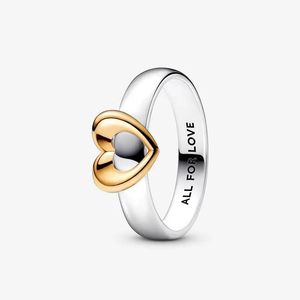 Strahlender zweifarbiger verschiebbarer Herzring für Pandora, 925er Sterlingsilber, Hochzeitsschmuck, Designerringe für Frauen, Freundin, Geschenk, goldener Liebesring mit Originalverpackung