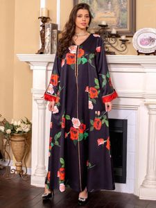 Etniska kläder Dubai Black Abaya Dress Women Muslim Summer Rose Red Print Kimono Middle East Ramadan Robe Femme Beading Fashion Long Long