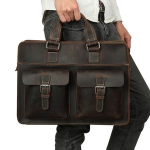 Briefcases JOYIR Vintage Men's Genuine Leather Briefcase Crazy Horse Leather Messenger Bag Male 15.6" Laptop Bag Business Travel Bag 230520