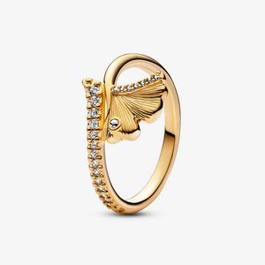 Golden Ginkgo Leaf Ring for Pandora Real Sterling Silver Fashion Party Party Bejdia Pierścienia dla kobiet Sióstr Prezent Luksusowy złoty pierścień z oryginalnym zestawem pudełka