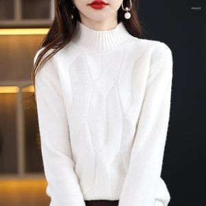 Women's Sweaters 2023 Cashmere Sweater Ladies Half Turtleneck Solid Color Cable Pure Wool Knit Pullover Fashion Loose Versatile Top