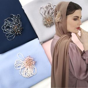Halsdukar andningsbar chiffong lång halsduk muslimsk pärla blommor hijab islamisk vanlig färg huvudduk halsduk mode turban arab dubai sjal