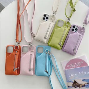 Luxo crossbody lychee grão zíper da tensão de telefone Vogue para iPhone 14 13 mini 12 11 Pro Max XR XS 7 8 Plus ajustável Cartão de colapso ajustável Corrente de couro Chain Shell