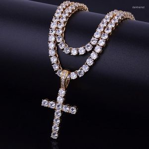 Ketten Mode Charme Gold Farbe Kreuz Anhänger mit 4mm Tennis Kette Halskette Set Männer Hip Hop Schmuck Zirkon frauen