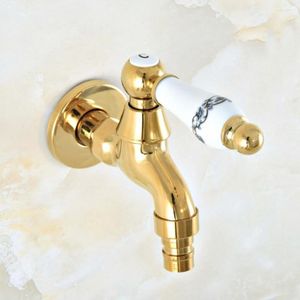 Bathroom Sink Faucets Luxury Gold Color Brass Ceramic Handle Wall Mounted Washing Machine Faucet Out Door Tap Dav148