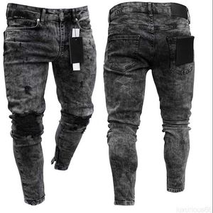 Men's Shorts Biker Jeans Men's Distressed Stretch Ripped Biker Jeans Men Hip Hop Slim Fit Holes Punk Jeans Zipper Pure Color Denim Pants