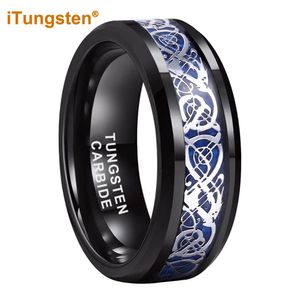 Fasce iTungsten 8mm Blu Intarsio in fibra di carbonio Anello del drago Uomo Donna Nero Tungsteno Wedding Band Gioielli di moda Bordo smussato Comfort Fit