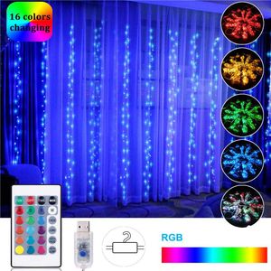 Strings LED 3M 300 RGB Curtain Lights com Porta USB Decorações de Natal de Controle Remoto 16 Color Garland Decorado